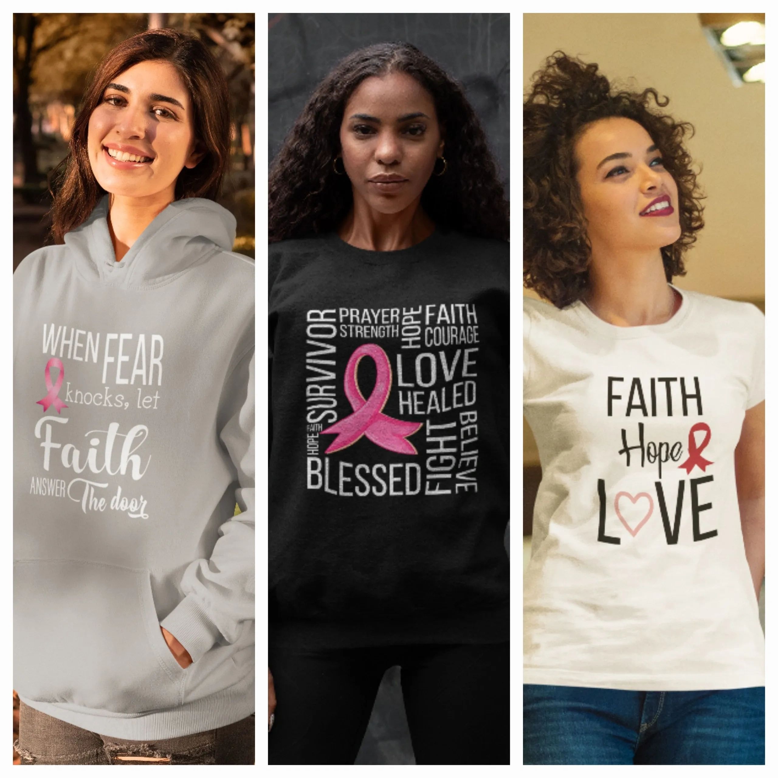 Breast cancer awareness apparel — three women wearing faith-based survivor hoodies and t-shirts with pink ribbon designs