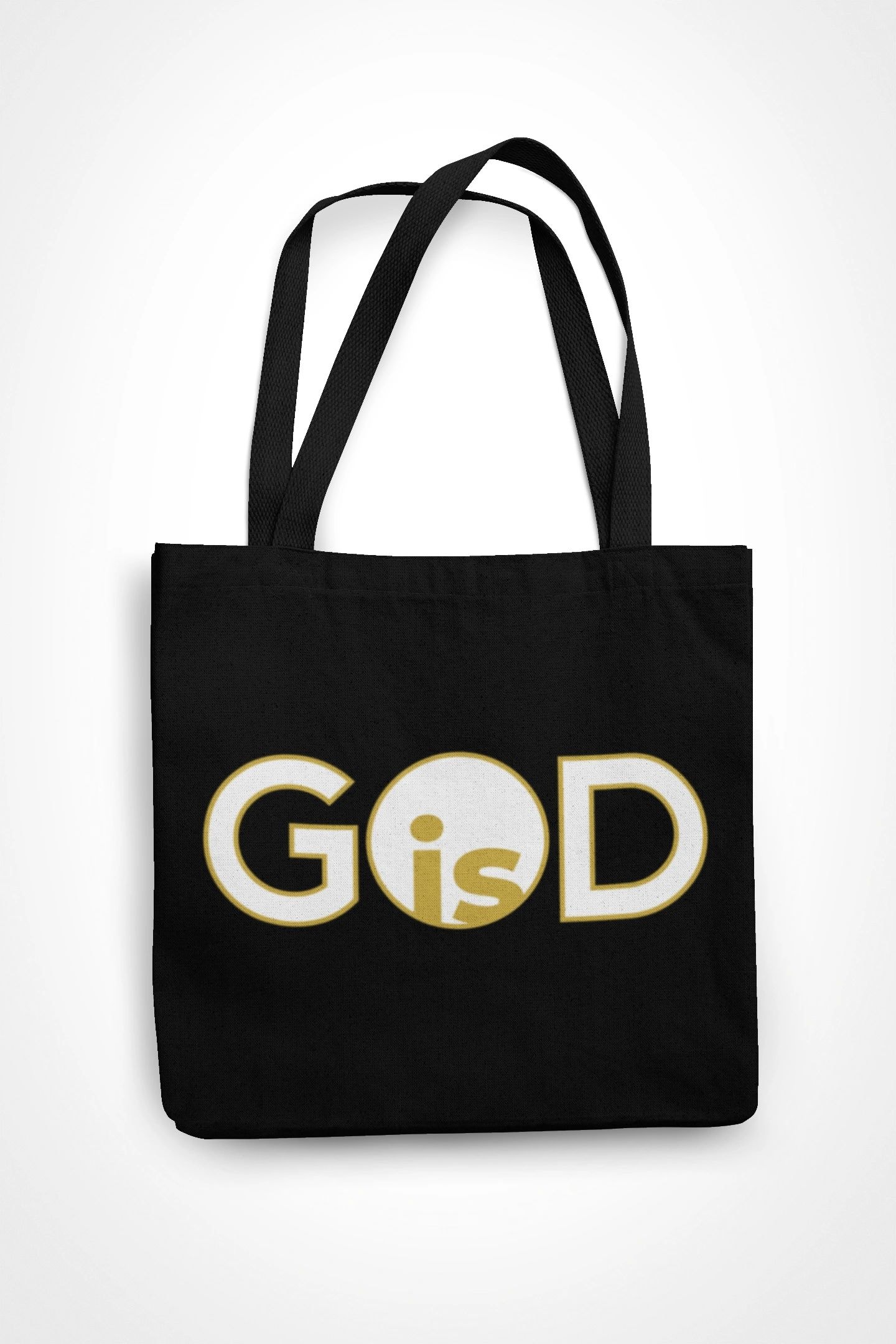 Black canvas tote bag with GOD is logo
